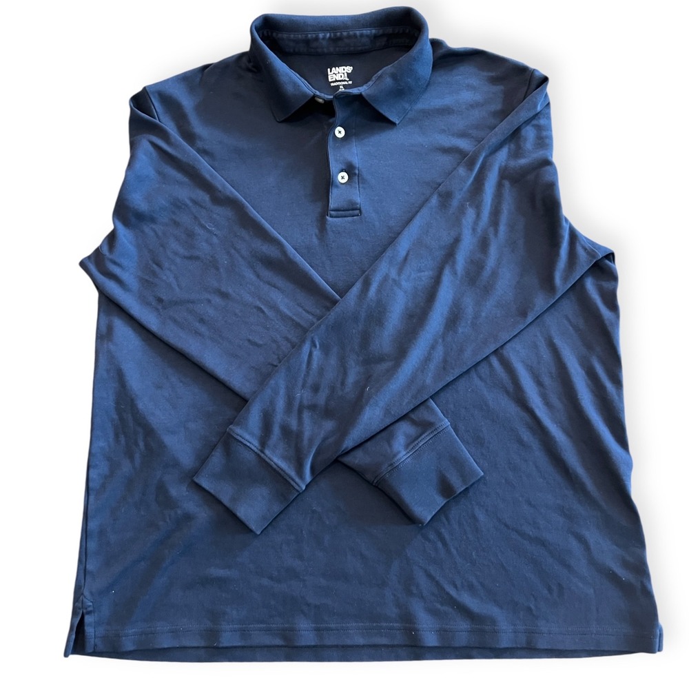 Lands' End Men's XL Navy Long Sleeve Polo Shirt Traditional Fit Cotton‎